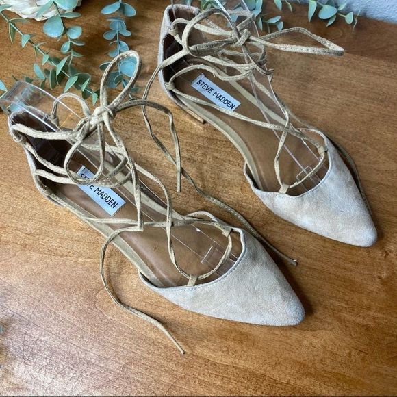 Steve Madden Sunshine Pointed Toe Nude Suede Lace-Up Ballet d’Orsay Flats 6 - Picture 6 of 13